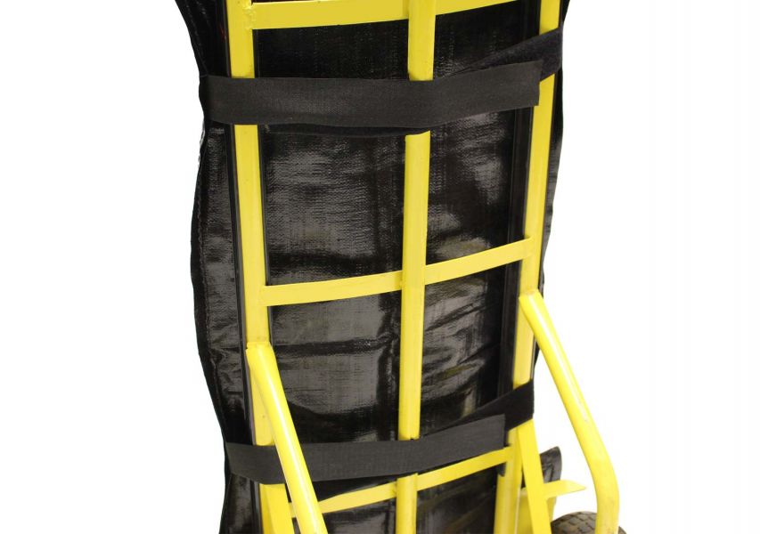 Velcro straps attach the sack truck cover to the yellow sack truck to protect it from damage.