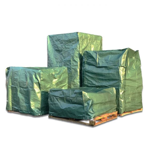 Group image of green reusable pallet covers in different sizes over the top of wooden pallets
