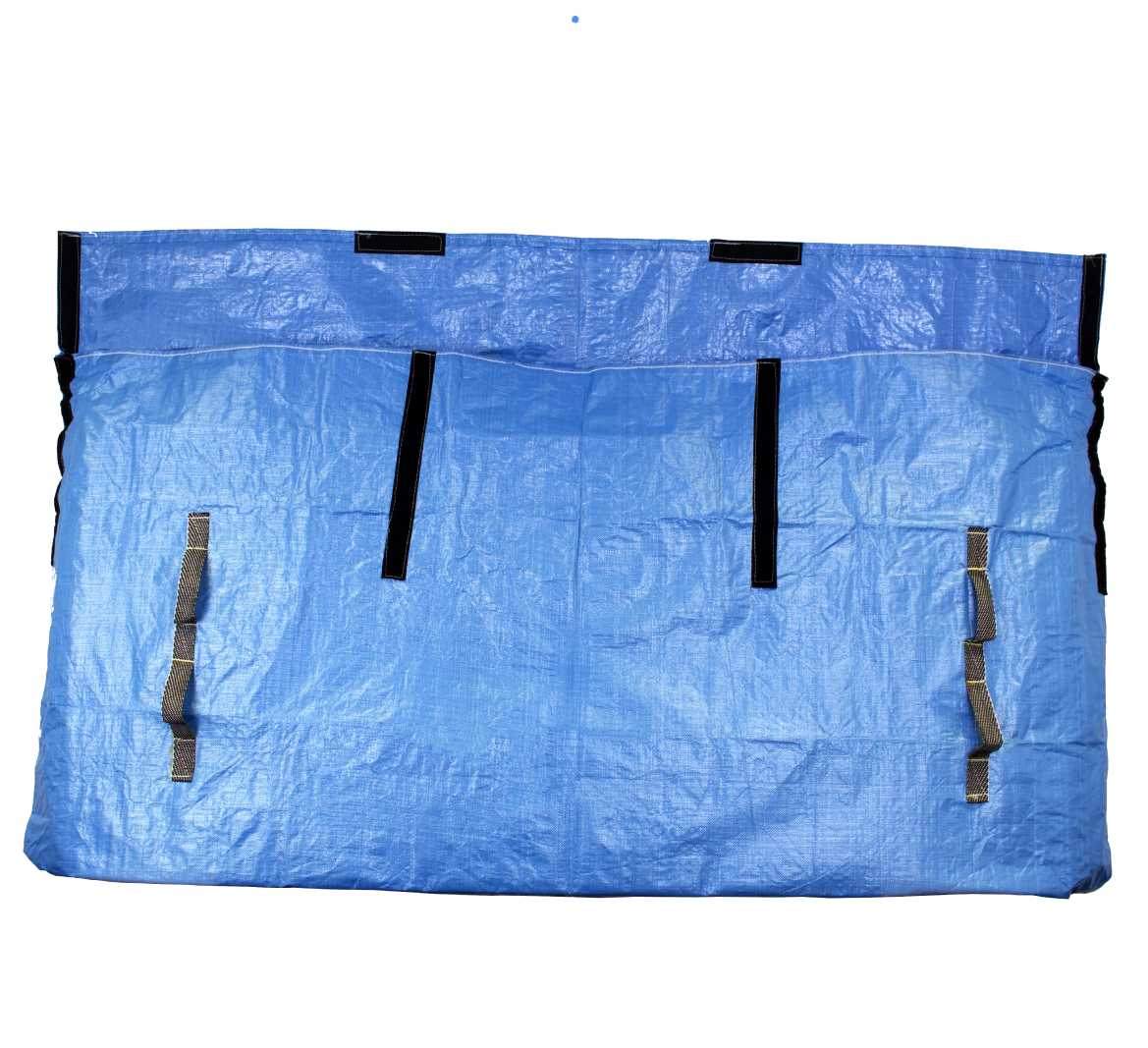 New style blue mattress bag with lid open, showing adjustable velcro closures and reinforced carry handles