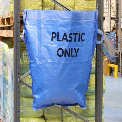 WAREHOUSE RACK BAG WITH PLASTIC ONLY PRINT HANGING ON RACKING